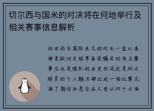 切尔西与国米的对决将在何地举行及相关赛事信息解析